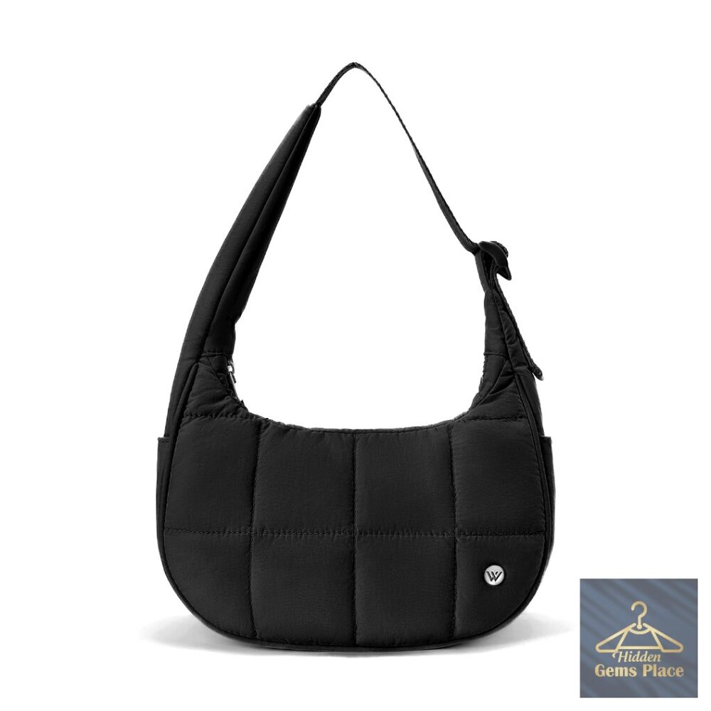 Small Puffer Crescent Shoulder Bag, Nylon Quilted with Adjustable Strap
